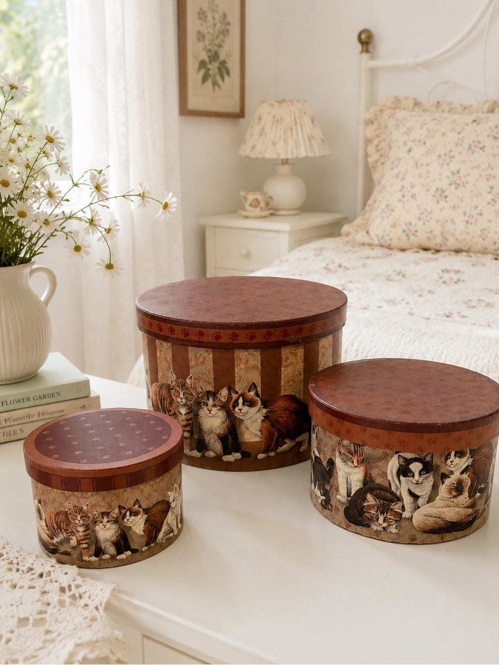 Cat Lady Cats Nesting Storage Boxes Set of 3 Hat Boxes Cottagecore Decor Vintage